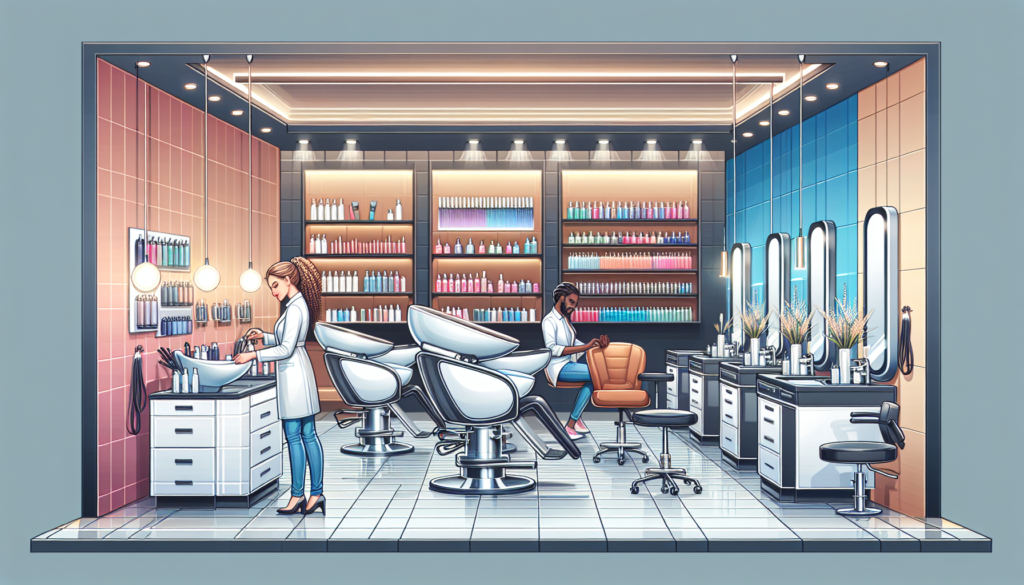 Create an image of a modern beauty salon interior, showcasing a range of professional equipment such as salon chairs, hair wash stations, manicure tables, and facial beds. Add a stylist demonstrating