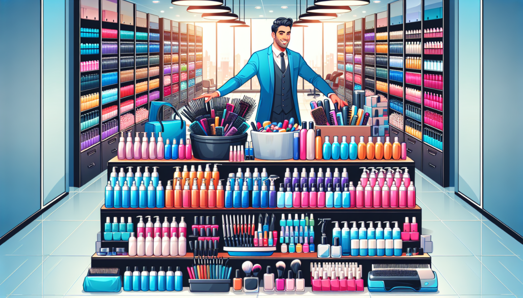 Create an image of a modern salon filled with a wide variety of wholesale salon products. The scene should include shelves stocked with shampoos, conditioners, hair dyes, styling tools like hair dryer