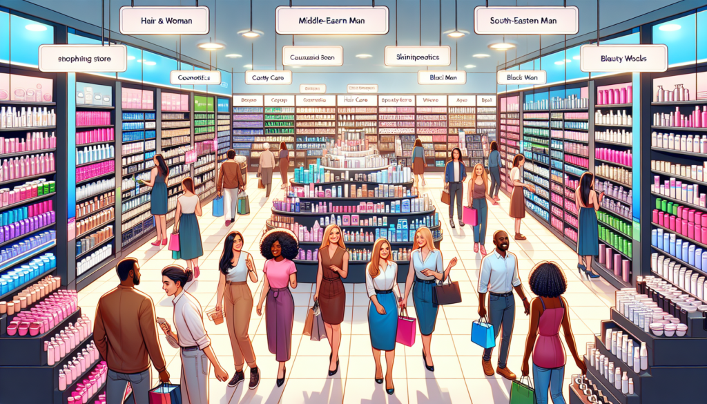 Create an image of a bustling, well-organized beauty supply store, Buy Rite Beauty Supply, with shelves stocked with a variety of beauty products, such as hair care items, cosmetics, skincare products