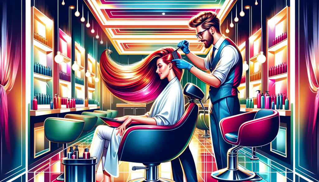 Create a vibrant and detailed salon scene showcasing a hair stylist applying Redken Cover Fusion to a client's hair. The client should look relaxed and happy, seated in a modern hairdresser's chair. C