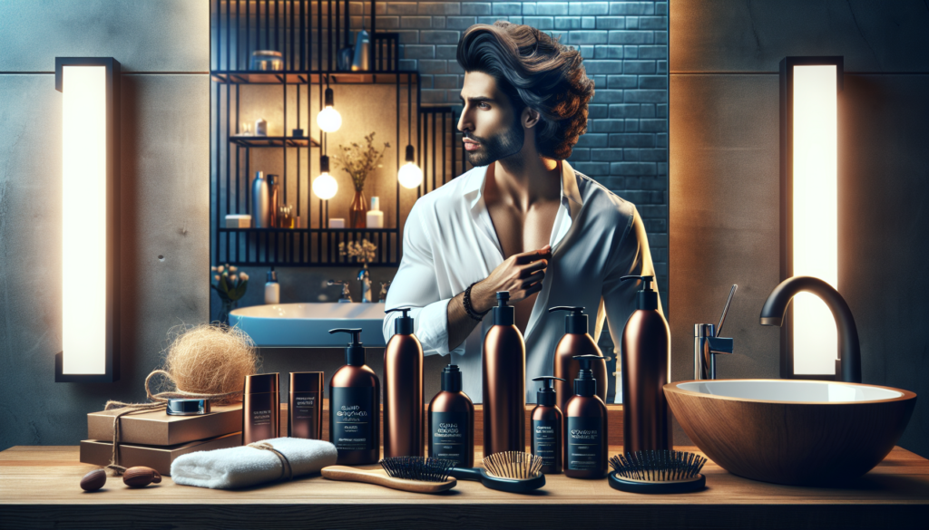 Create an image of a chic, modern bathroom setting where a person is using salon-quality hair products at home. The scene should include stylish packaging for shampoos, conditioners, and styling tools