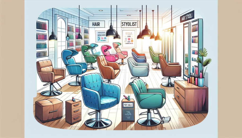 Create a vibrant scene in a modern hair salon filled with a variety of stylish and affordable hair stylist chairs for sale. Display different designs, colors, and materials to highlight the diverse op