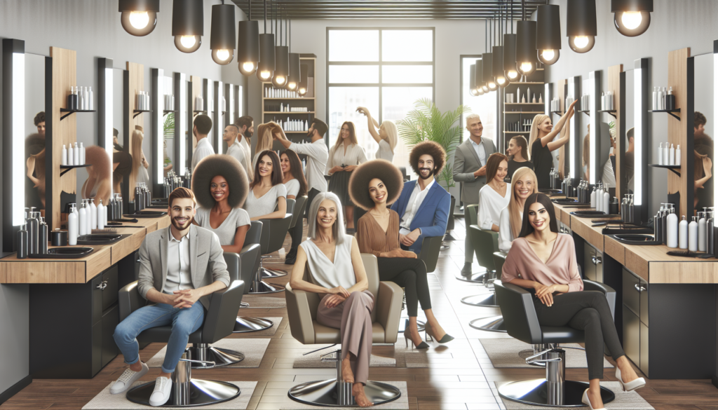 Create an image of a modern, stylish salon interior featuring affordable yet chic furniture and equipment. Highlight budget-friendly salon chairs, mirrors, and workstations in a well-organized layout,