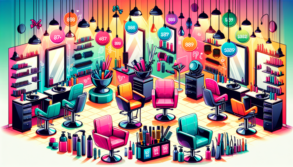 A vibrant beauty salon filled with gently-used salon equipment including stylish hairdressing chairs, modern salon stations, professional hairdryers, and other beauty tools, all with price tags indica