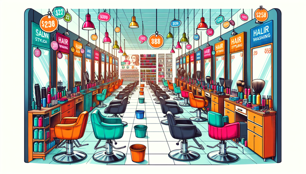 A bright and modern salon showroom filled with a variety of high-quality salon equipment such as chairs, hair washing stations, styling stations, and haircutting tools, all with price tags indicating