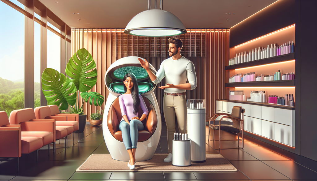 Create an image of a stylish salon setting where a client is seated comfortably under a modern hair steamer. The client has a relaxed and content expression, while the stylist explains the benefits of