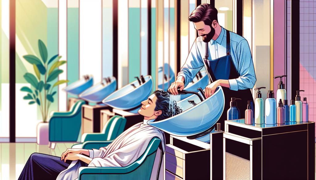 Create an image of a stylish, modern salon with a hairdresser using a tilting shampoo bowl to wash a client's hair. Highlight the comfortable, ergonomic design of the bowl, and the relaxed, satisfied