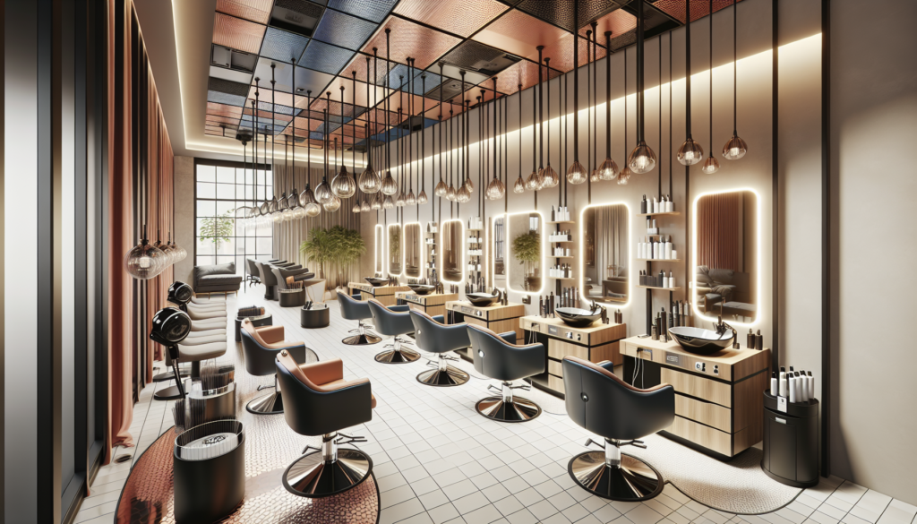 Create a detailed image showcasing a modern salon interior with a variety of budget-friendly salon equipment for 2023. Include stylish yet affordable chairs, hairdryers, mirrors, and workstations. Hig