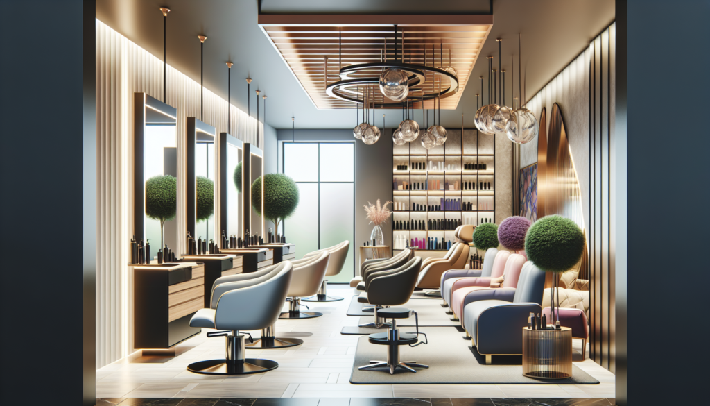 A stylish and modern hair salon with ergonomically designed chairs, sleek and functional workstations, elegant mirrors with good lighting, and comfortable waiting area furniture, all arranged harmonio