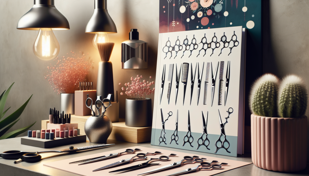 Create a detailed image showing a variety of professional hair trimming scissors arranged neatly on a stylist's workstation. Include scissors with different blade styles and handle designs, as well as