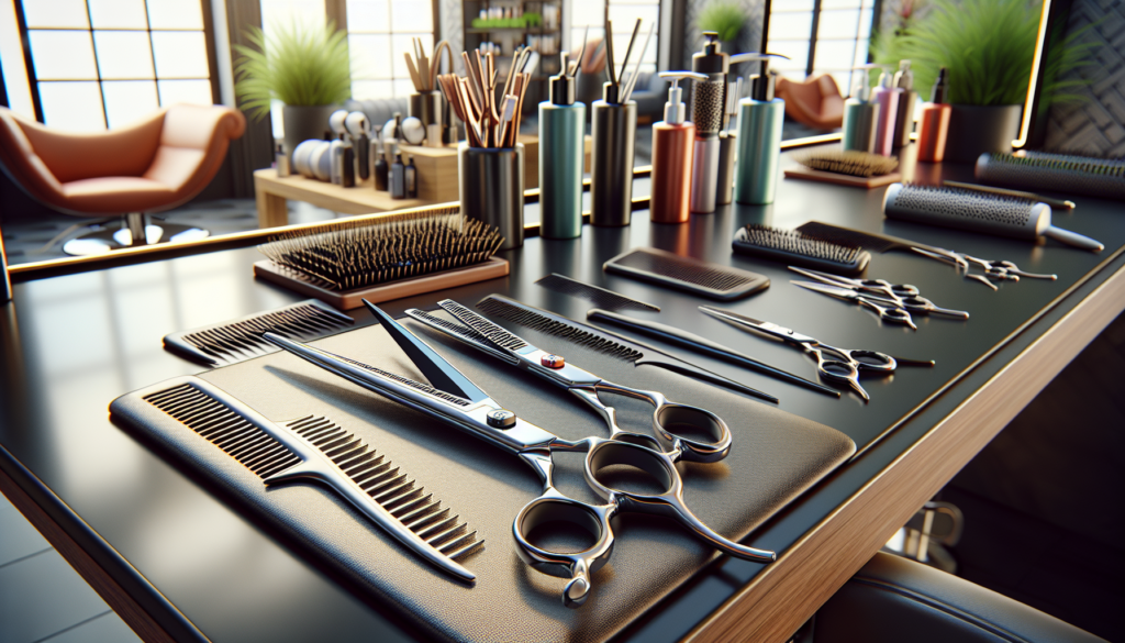 Create a high-resolution image of a sleek, professional-looking pair of left-handed hair cutting scissors, with ergonomic design and sharp blades, placed on a stylish barber's workstation. Surround th