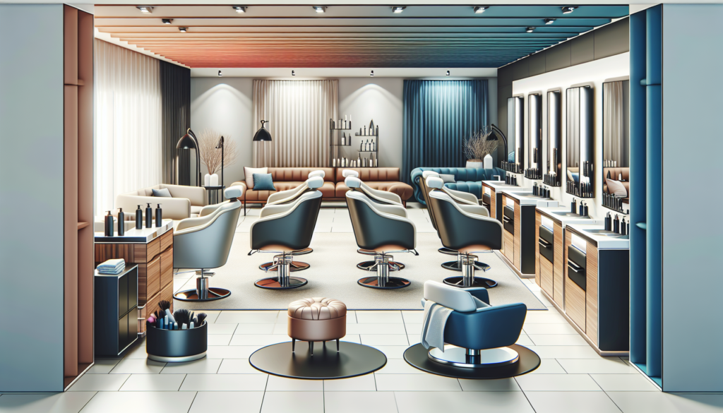 A modern and stylish salon interior featuring high-quality salon furniture packages, including comfortable salon chairs, sleek styling stations, contemporary wash units, and elegant reception desks, a