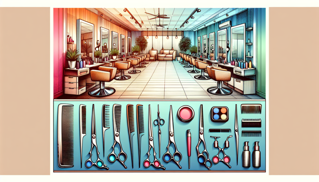 Create an image of a well-lit professional hair salon showcasing various high-quality hair cutting scissors laid out neatly on a table. Include different styles such as straight scissors, thinning she