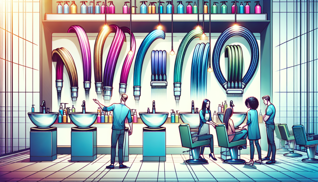 Create an image of a stylish, modern salon interior with a focus on various high-quality shampoo bowl hoses displayed in an organized manner. Highlight the different types and features of the hoses, s