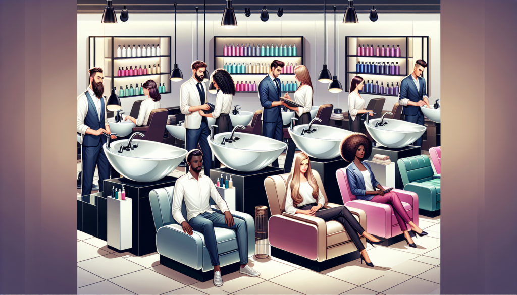 An elegantly designed hair salon featuring a variety of modern shampoo sinks, each with sleek faucets and comfortable reclining chairs. Professional stylists are in action, showcasing the versatility