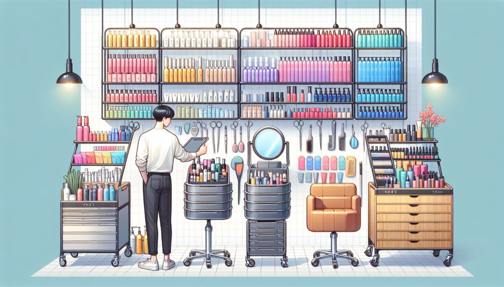 A sleek, modern beauty salon with various stylish trolleys on display, each equipped with organized trays of beauty products, tools, and skincare essentials. The scene should convey a sense of order,