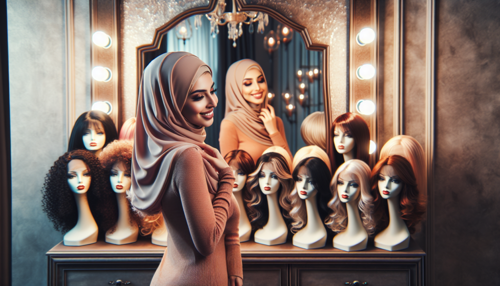 Create a stylish image of a woman standing in front of a vanity mirror trying on different wigs from a selection that includes both brown and blonde shades. The wigs should vary in styles, such as cur