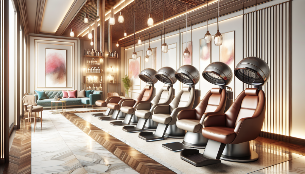 Create an image of a modern, stylish salon interior showcasing a variety of luxurious and ergonomic dryer chairs. The scene should feature sleek, contemporary designs with comfortable cushioning, chic