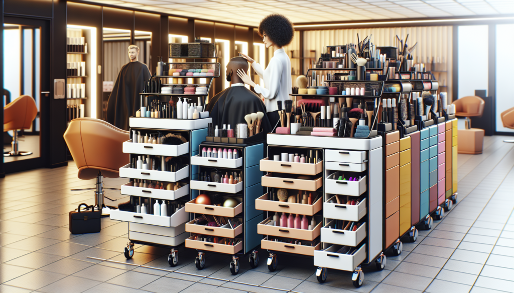 Create an image of a well-organized, modern hair salon featuring a variety of stylish trolleys. The scene should highlight differences such as size, number of compartments, and additional features lik