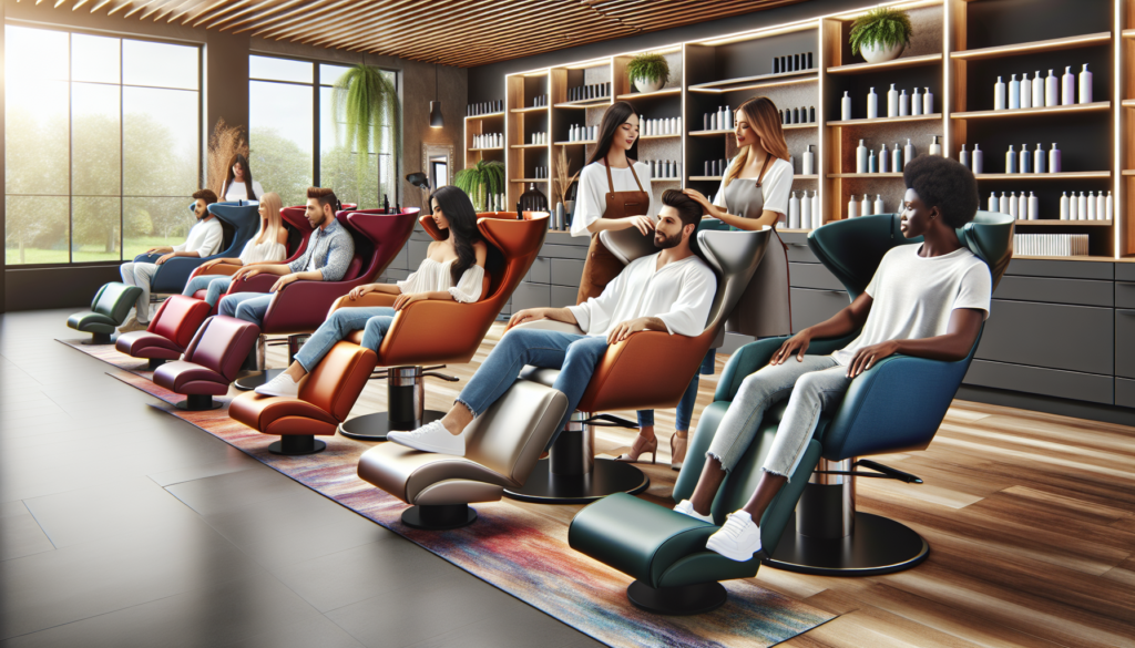 A modern hair salon with elegant, stylish reclining chairs in a variety of colors and materials. The chairs feature ergonomic designs with padded armrests and footrests, set against a chic, well-lit s