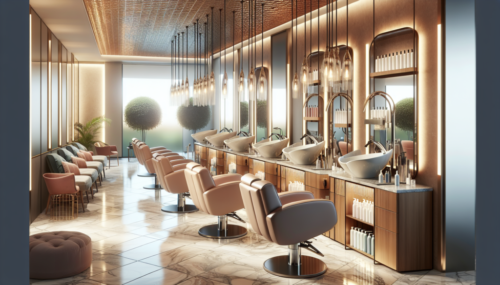 Create an image of a sleek and modern salon interior featuring a line of luxurious hair wash stations. Each station has comfortable, padded chairs with recliners, elegant sinks with chrome fixtures, a