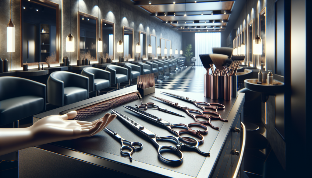 Create a high-resolution, detailed image of a set of professional salon scissors in a luxurious salon setting. The scissors should be displayed on a sleek, modern counter with various types, including