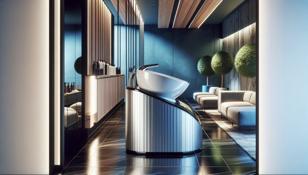 Create an image of a modern and stylish salon interior featuring a sleek, ergonomic shampoo bowl with a built-in cabinet. The furniture and fixtures should emphasize high-quality materials and elegant