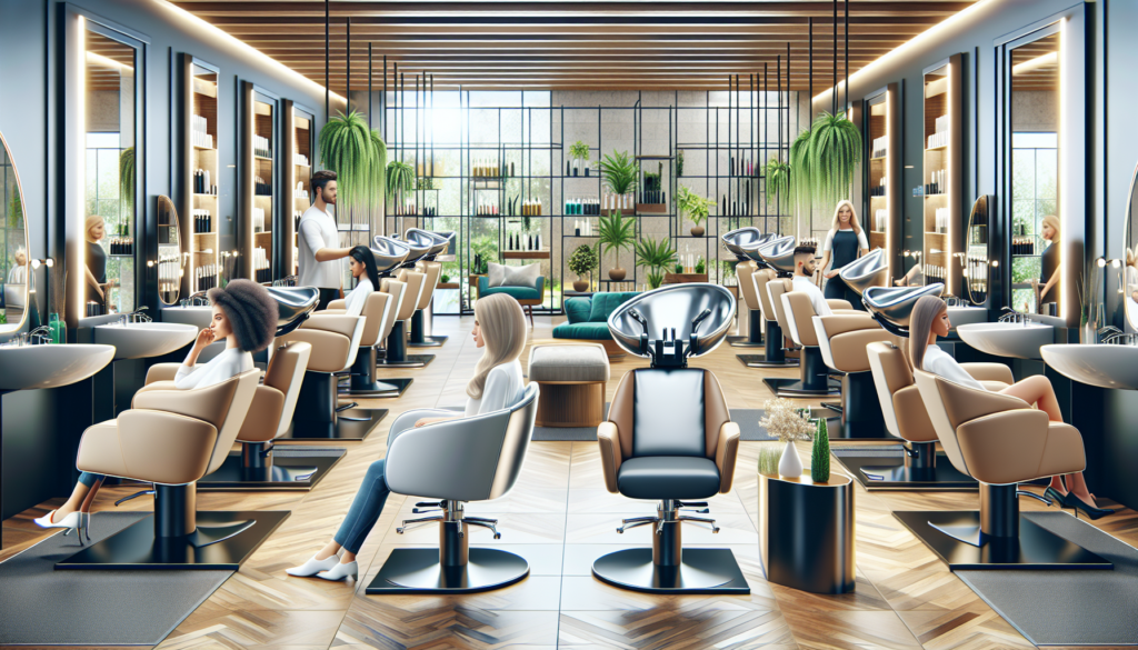 A sleek, modern salon with a variety of stylish shampoo chairs on display. Each chair is ergonomically designed, featuring plush cushioning, adjustable settings, and built-in sink fixtures. The settin