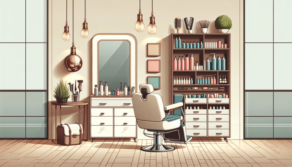A modern and chic salon showcasing a beautifully organized styling station cabinet. The cabinet has multiple compartments, drawers, and shelves filled with neatly arranged hair styling tools, products