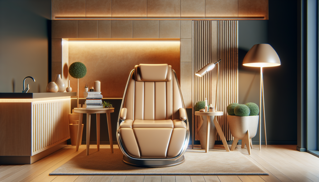 Create an image of a cozy and luxurious tanning salon interior featuring an elegant, ergonomically designed tanning chair in a soft tan color. The chair should look plush with padding and support, pla
