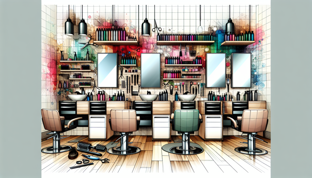 Create an image of a modern, stylish salon with sleek, well-organized wall-mounted salon stations. The background should include neutral tones with pops of vibrant colors, showcasing a variety of tool