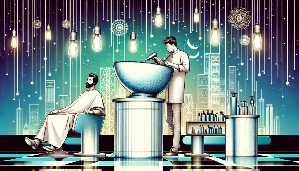 Create a visually appealing image of a modern salon featuring a sleek, ergonomic white shampoo bowl. Highlight the bowl’s elegant design, comfort, and functionality. The scene should capture a stylish