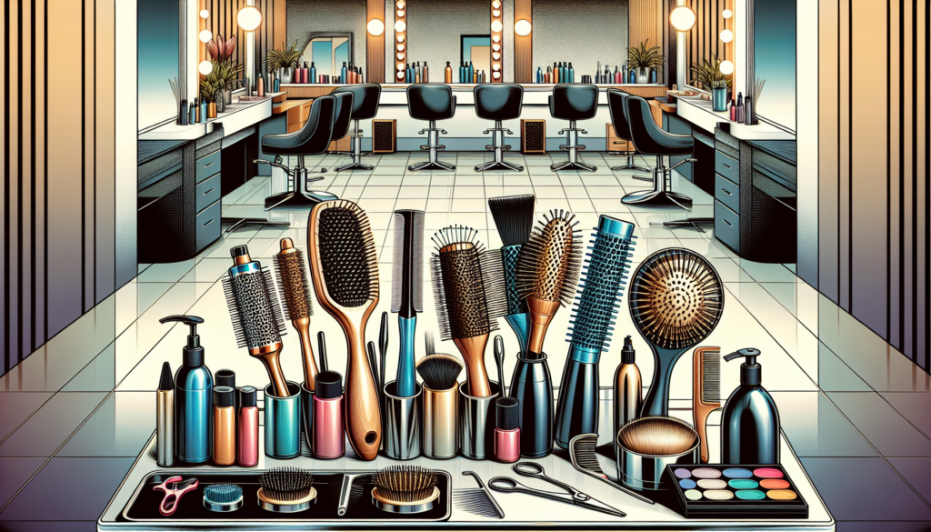 Create a detailed image featuring a variety of hairdressing brushes arranged neatly on a salon work station. Include different types of brushes such as round brushes, paddle brushes, vent brushes, and