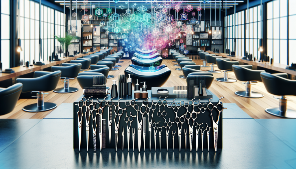 Create a detailed image of a professional hairstylist's workstation featuring a variety of Japanese hair shears. The shears should be displayed neatly on a sleek, modern salon countertop. Include labe