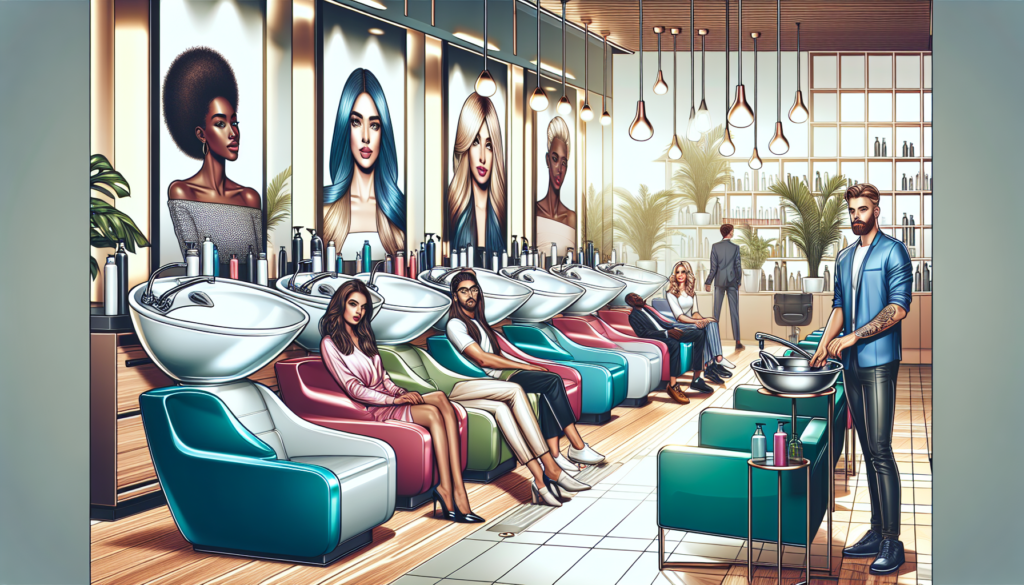 A modern, chic hair salon interior with sleek, stylish kaemark shampoo bowls. Highlight various models in different colors and designs, showcasing their ergonomic features and comfort, with profession