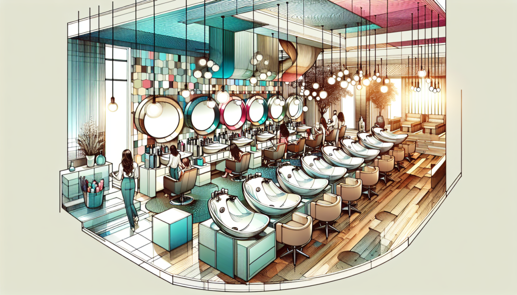 Create an image of a modern, stylish salon interior with a focus on various Pibbs shampoo bowls. Display different models, colors, and designs of shampoo bowls in an organized, aesthetically pleasing