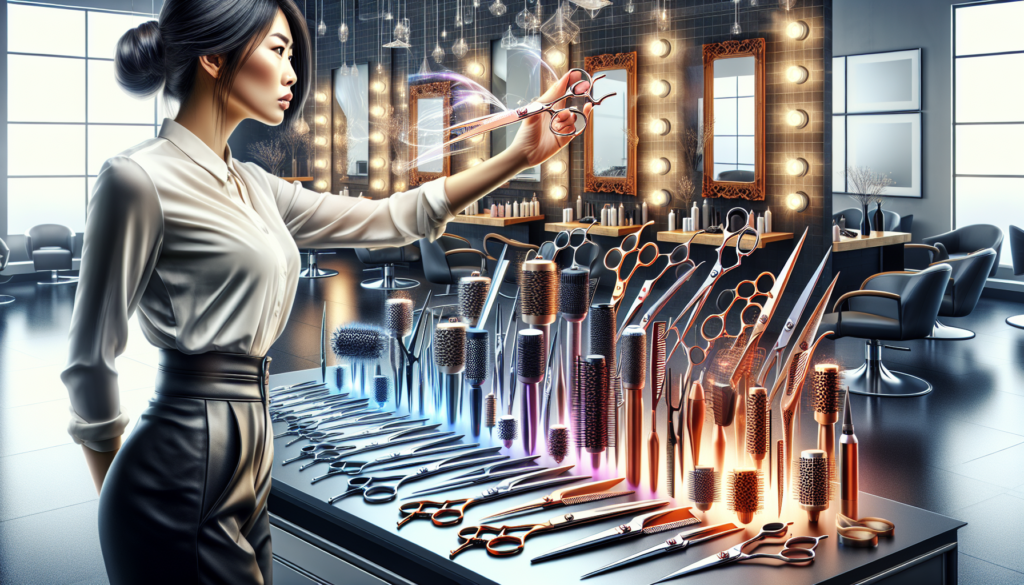 An image of a professional hairstylist carefully selecting a pair of salon shears from an array displayed on a sleek countertop. The scene should show a variety of shears with different blade designs,