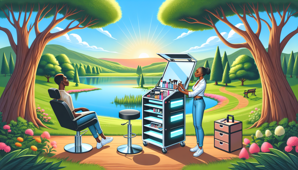 Create an image of a sleek, modern portable salon station set up in a scenic outdoor location, such as a sunlit park or a serene lakeside. The station should include foldable mirrors, compact shelves
