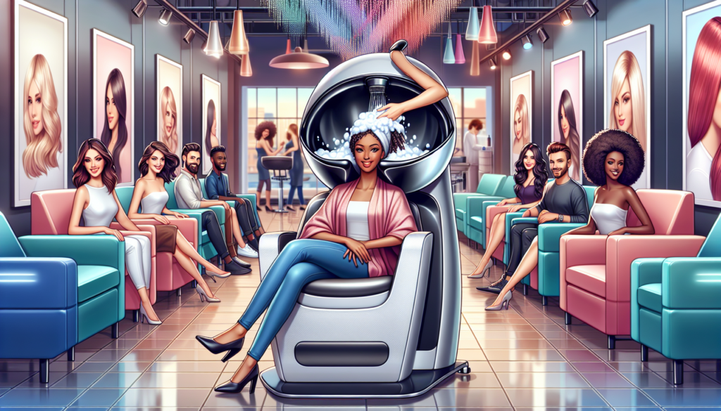A sleek and modern portable shampoo chair in use at a stylish salon, showcasing its lightweight design, adjustable features, and ergonomic comfort. The background features satisfied customers enjoying