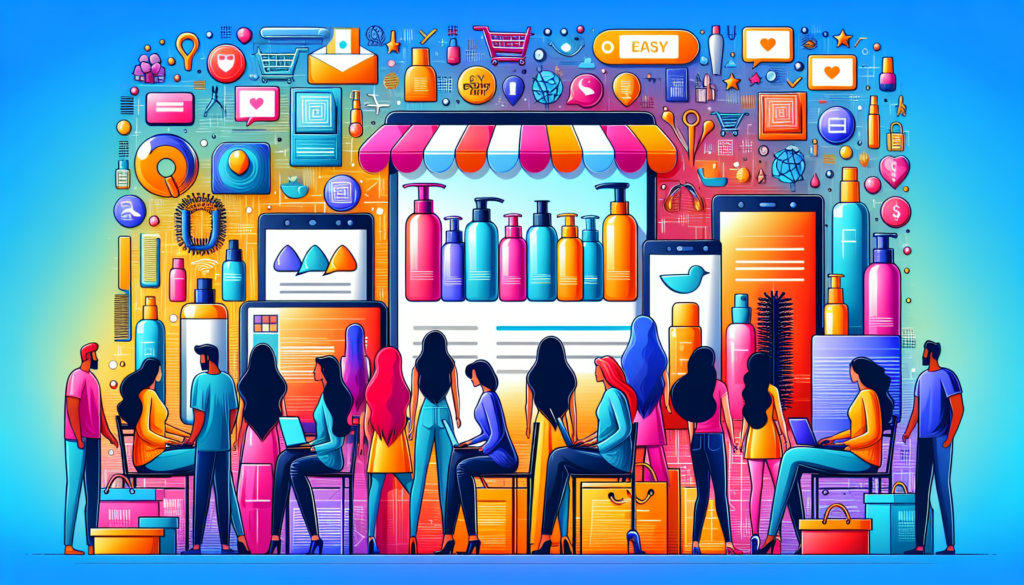 A vibrant and stylish online shopping scene where a diverse group of people are browsing a visually appealing website filled with various hair products, such as shampoos, conditioners, hair serums, an