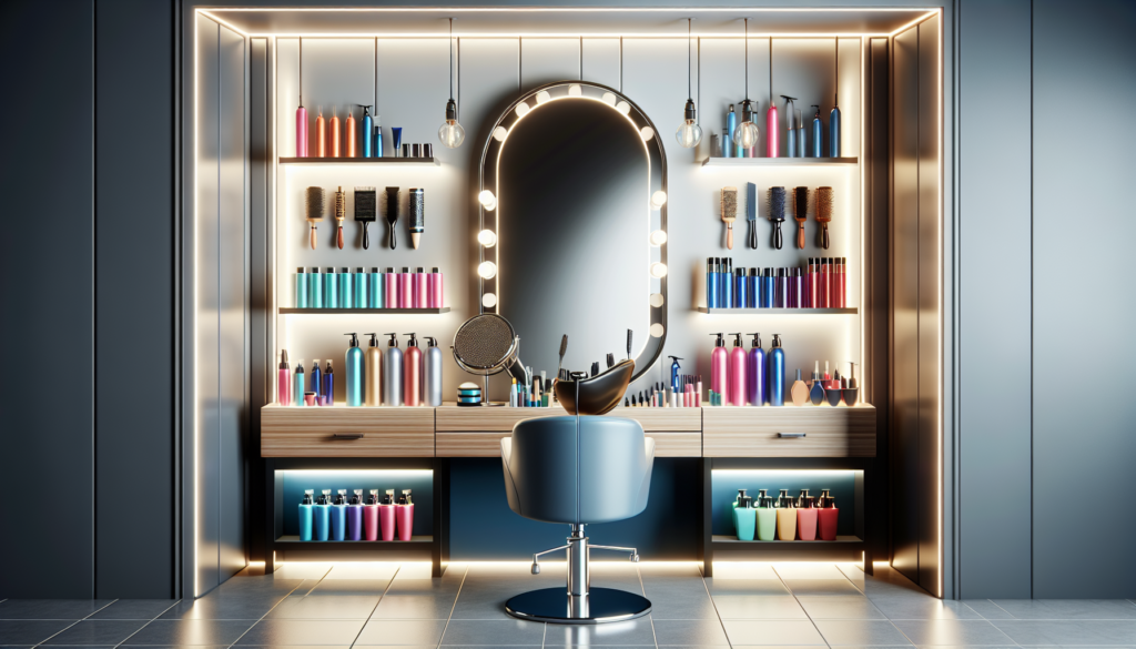 Create an artistic and inviting image of a modern hair styling station in a chic salon. The station includes a sleek, well-lit mirror with ambient lighting, an elegant chair, a variety of high-quality