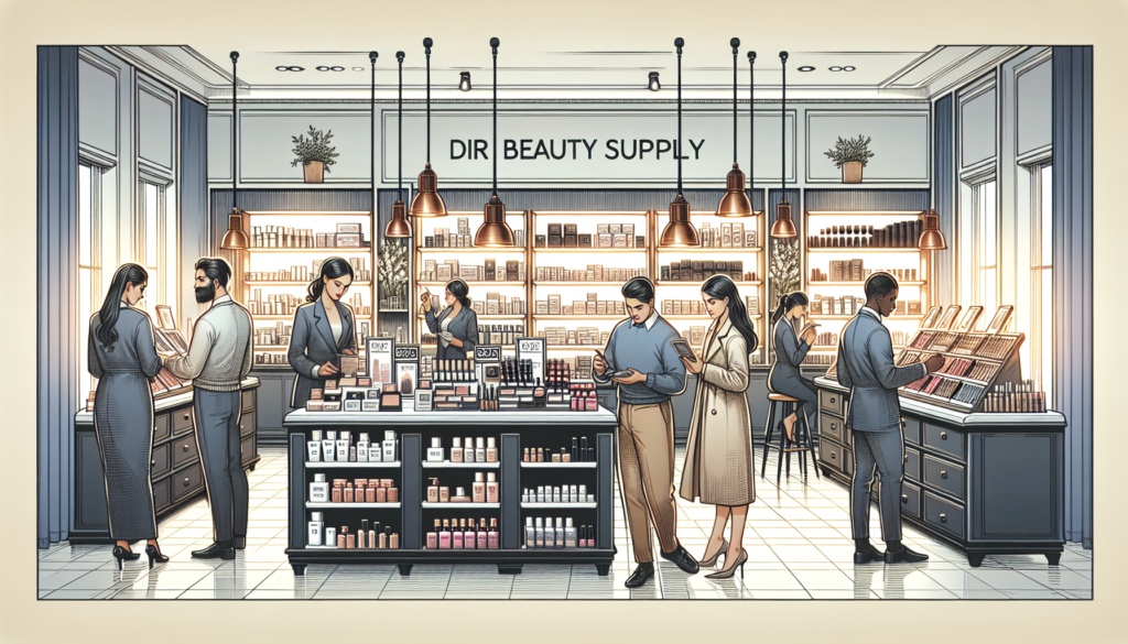 Create an elegant scene inside a chic beauty supply store named 'Dir Beauty Supply.' Display a variety of high-end beauty products such as makeup, skincare, hair care, and accessories neatly organized
