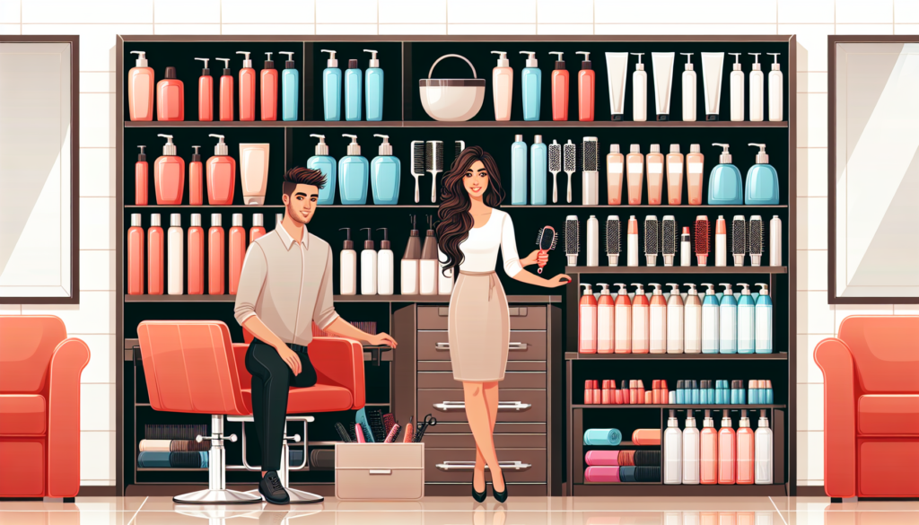 Create an image of a stylish, modern hair salon interior with neatly organized shelves filled with a variety of high-quality hair supplies such as shampoos, conditioners, brushes, hairdryers, and styl