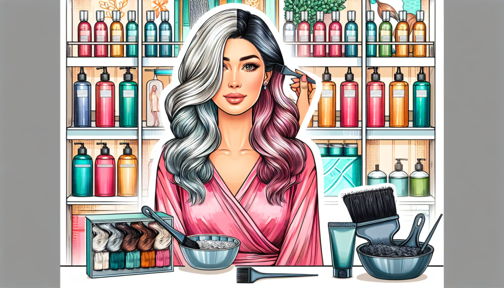 Create an image depicting a woman with partially gray hair undergoing different hair treatments: one section being colored with a brush, another with a modern dye kit, and another with a natural henna