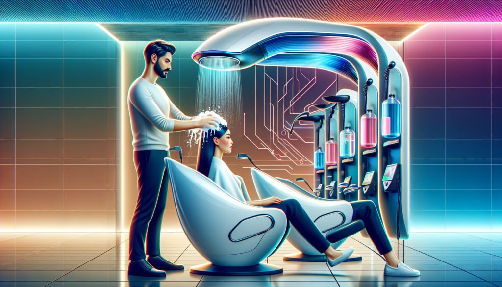 Create an image of a modern, sleek salon setting featuring an electric shampoo bowl in use. The scene should depict a stylist effortlessly washing a client's hair with ease, highlighting the technolog