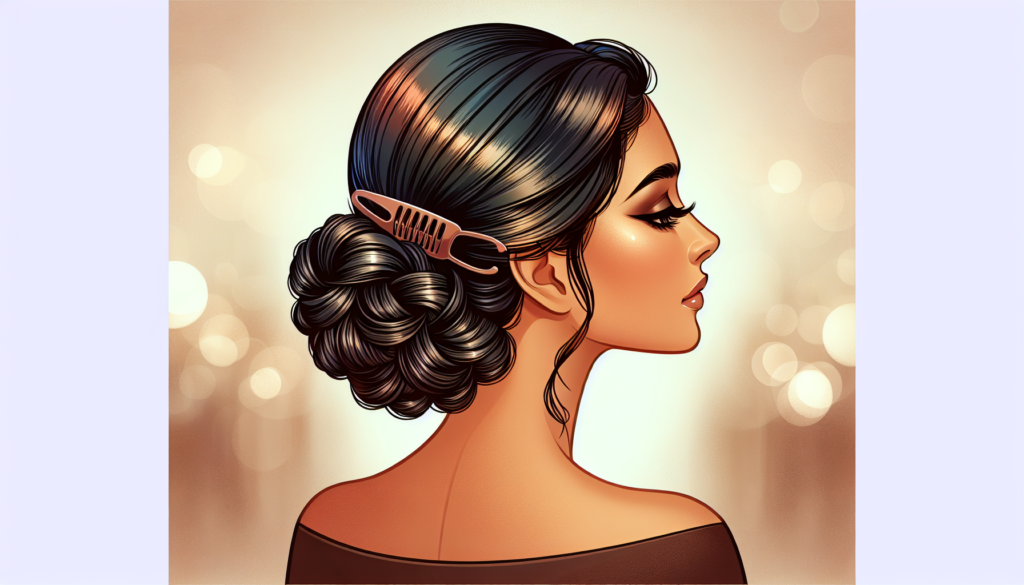 A sophisticated woman with sleek, glossy brown hair styled in an elegant updo secured by a stylish brown claw clip, set against a soft, blurred background. The image shows intricate hair twists and cu