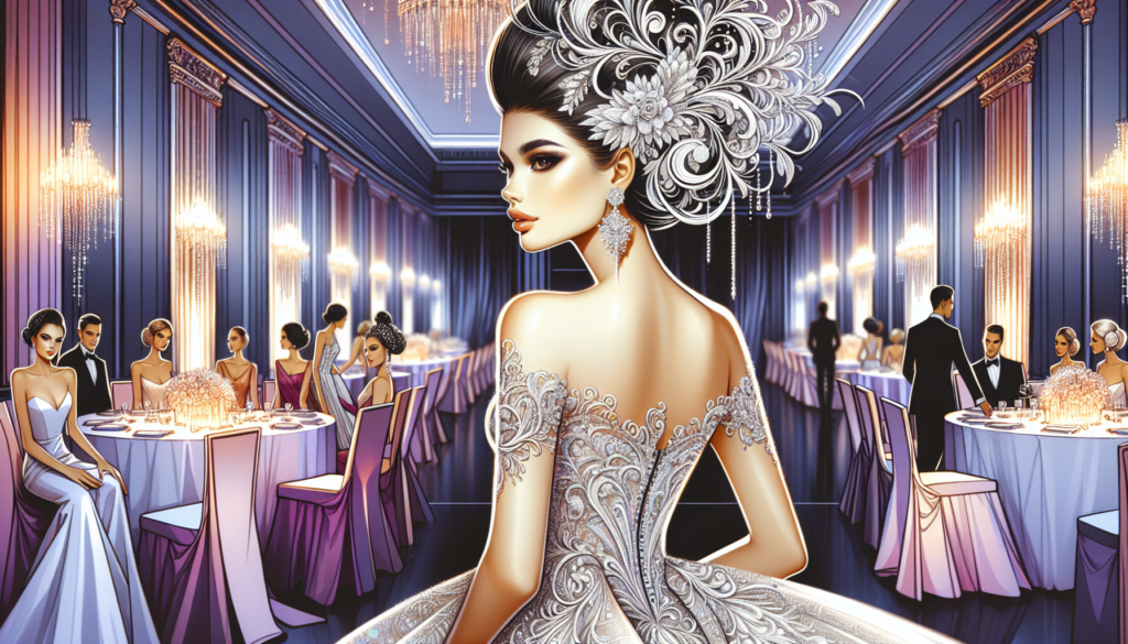A stylish woman in an elegant evening gown adorned with beautiful, intricate white hair pieces, set against a sophisticated, high-end event backdrop. The scene exudes grace, with soft lighting that hi