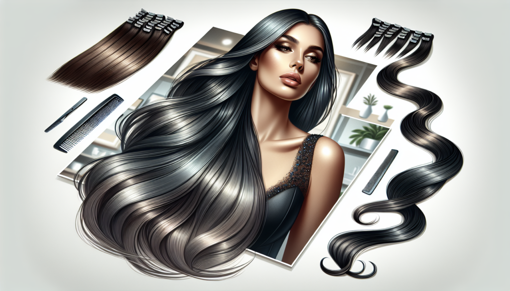 Create a stylish image featuring a woman with flowing gray clip-in hair extensions that seamlessly blend into her natural hair. The background should be modern and sleek, perhaps a chic, well-lit salo