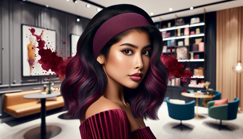 An elegant woman wearing a stylish burgundy headband wig, posing in front of a modern, chic background. The headband wig features rich, deep burgundy tones that complement her natural makeup and trend