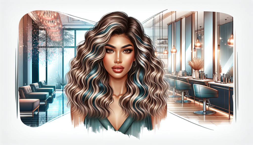 Create a high-quality image of a modern woman confidently wearing a highlighted water wave wig. The wig should show a natural yet elegant wave pattern with subtle highlights that accentuate the textur